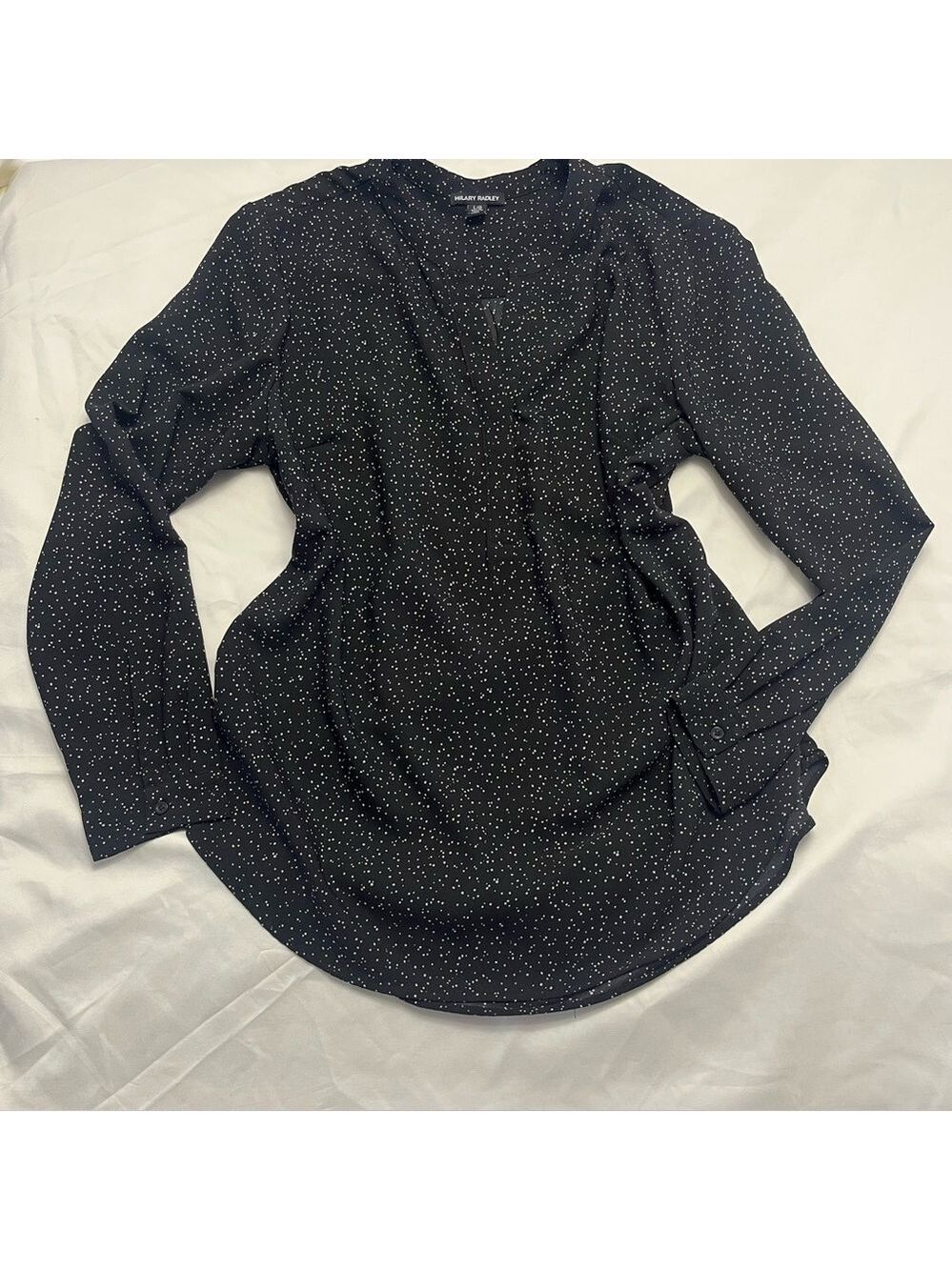 Hilary Radley Polka Dot V-Neck Blouse Black Large